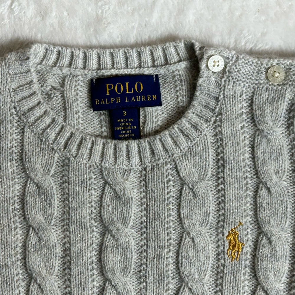 Polo by Ralph Lauren Gray Cable Knit Sweater with Gold Shimmer Girls Size 3 - Picture 4 of 7